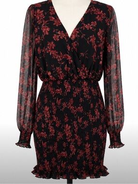 Cottagecore Black Floral Smocked Mini Dress XL Sheer Sleeve Flirty Coquette Y2K